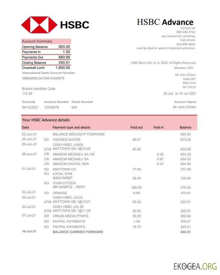 États-Unis HSBC excel pdf template